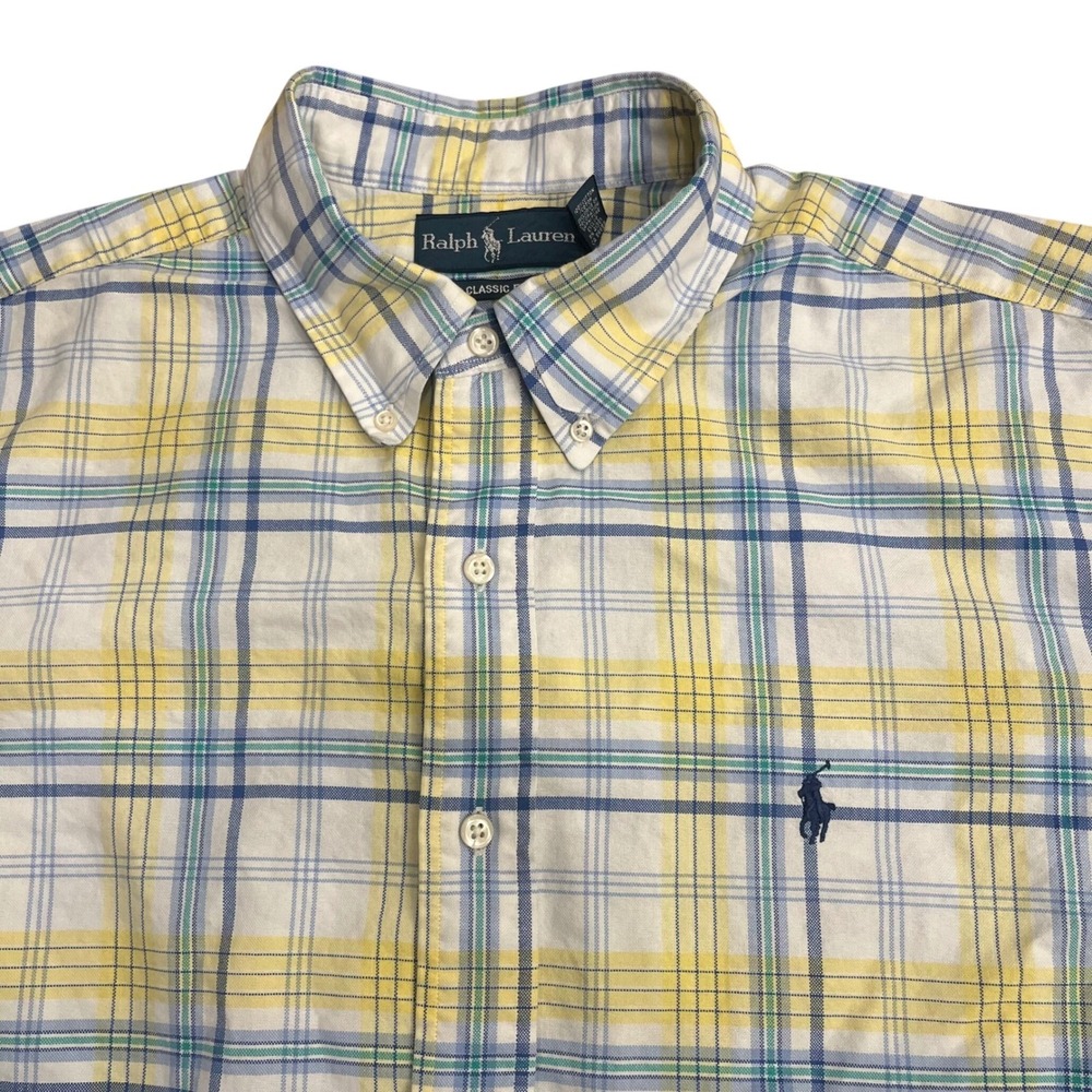 Ralph Lauren Plaid Shirt Mens XL Yellow Blue‎ Classic Fit Short Sleeve Excellent